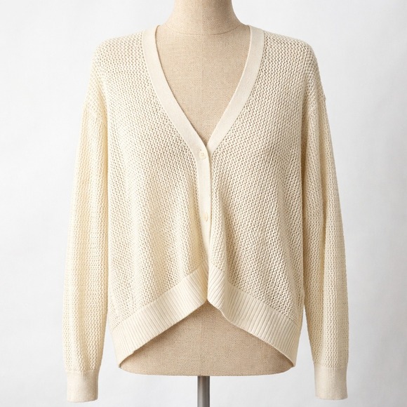 Uniqlo 100% Cotton Mesh Knit V Neck Cardigan Cream M Open Knit Boho Beach Layer - Picture 1 of 9